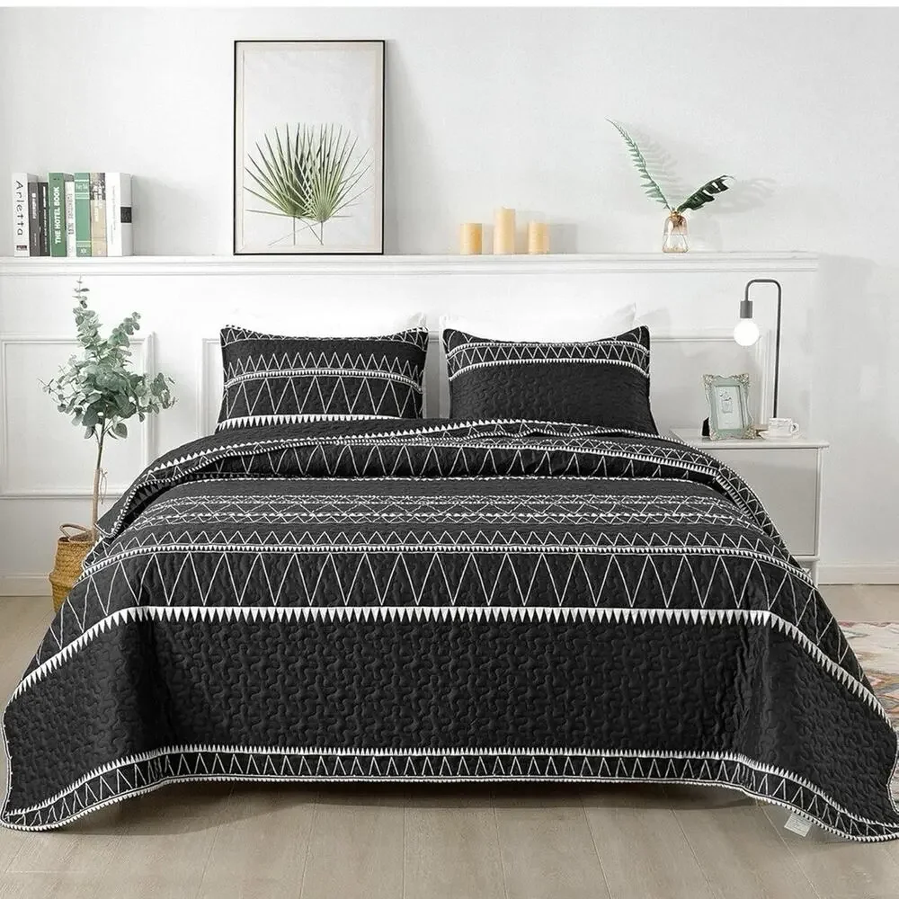 Boho Stitched Black King Quilt 3-Pc Set Bedding Comforter Duvet All Seasons